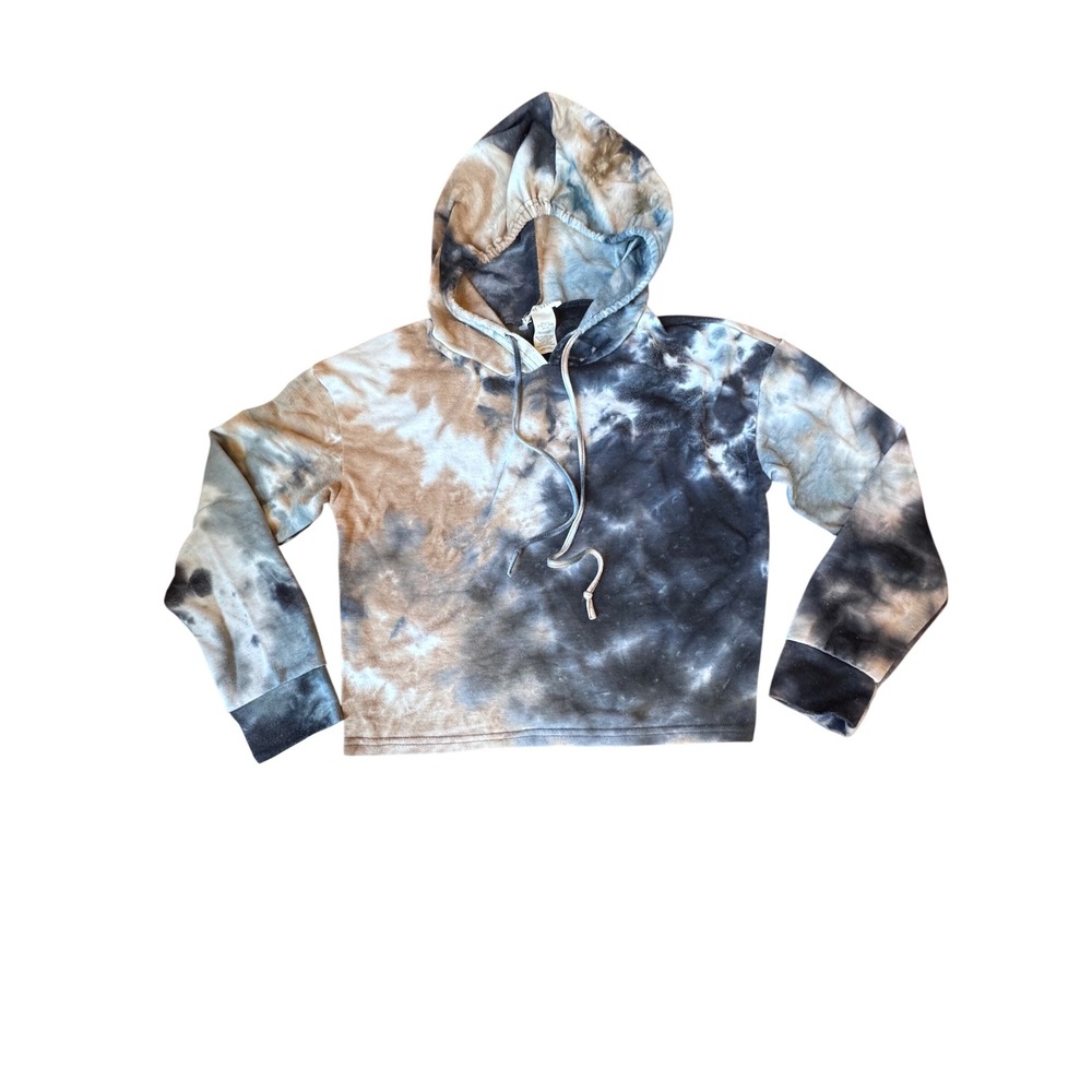 Shosho Womens Tie Dye Cropped Hoodie Black Tan Blue Pullover Sweatshirt Medium
